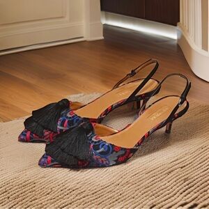 Aquazurra Sultana Pattern Tassel Slingback Kitten Heels with Box/Dustbag